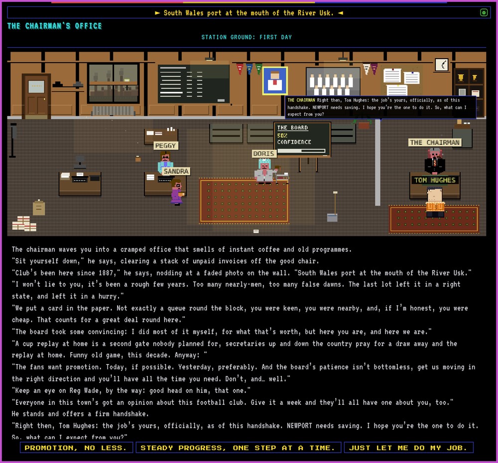 The chairman's office on the first day: the chairman at his desk, Sandra, Peggy and Doris at work, the board's confidence on the blackboard, the trophy cabinet and the pennants, and three answers to choose from.