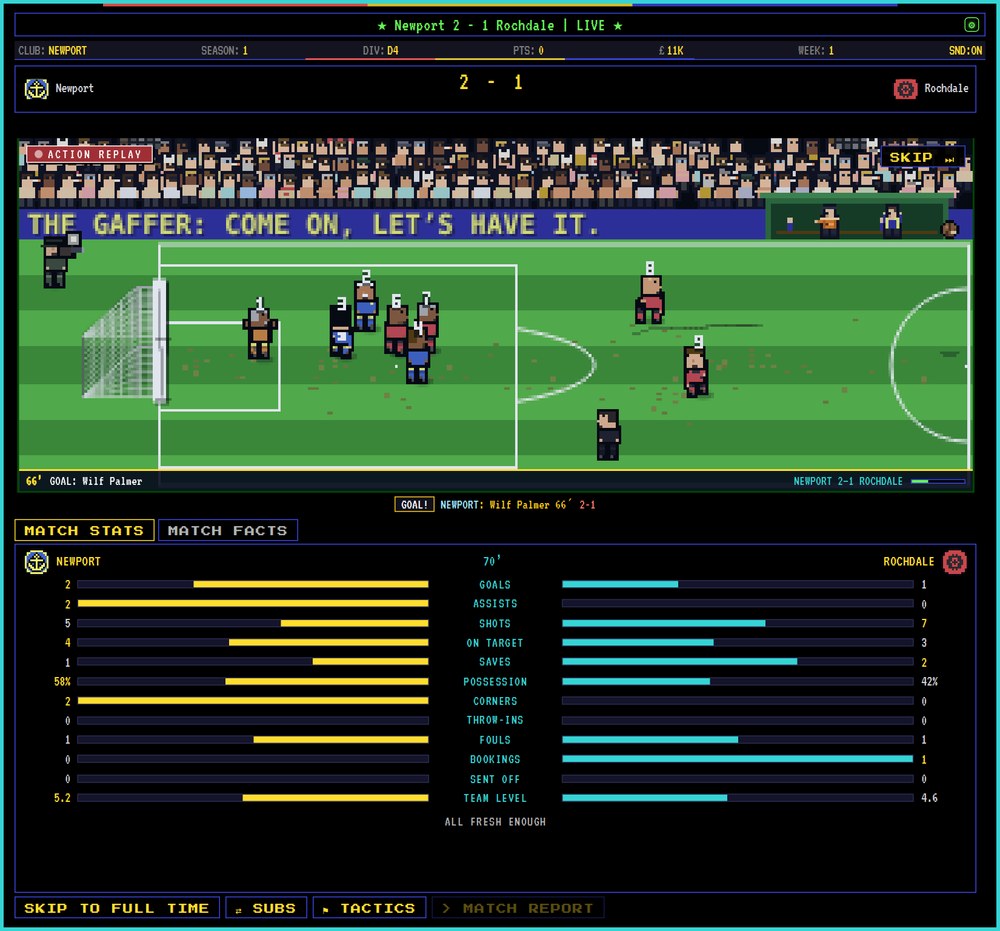 Newport 2, Rochdale 1, seventy minutes gone: the action replay running on the pitch, and the match stats filled in beneath it: goals, shots, saves, possession, corners, fouls and bookings.