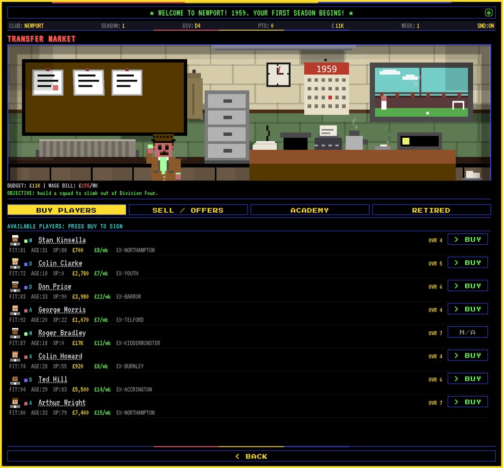 The transfer market: the scout's office, dressed for its decade, the budget and the wage bill, BUY PLAYERS, SELL / OFFERS, ACADEMY and RETIRED, and the players available with their price and wage.
