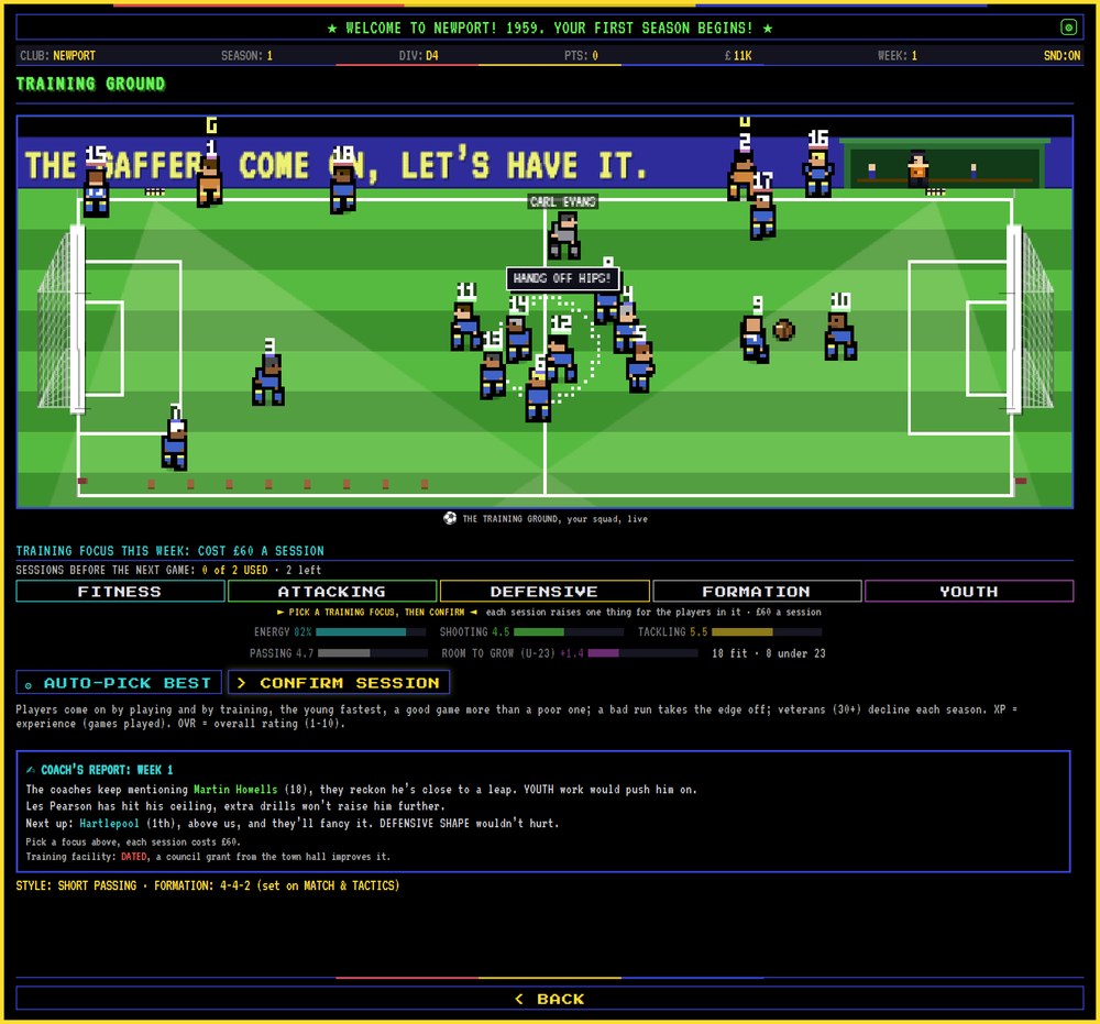 The training ground mid-session: the squad at work, the coach watching, the training focus choices below.