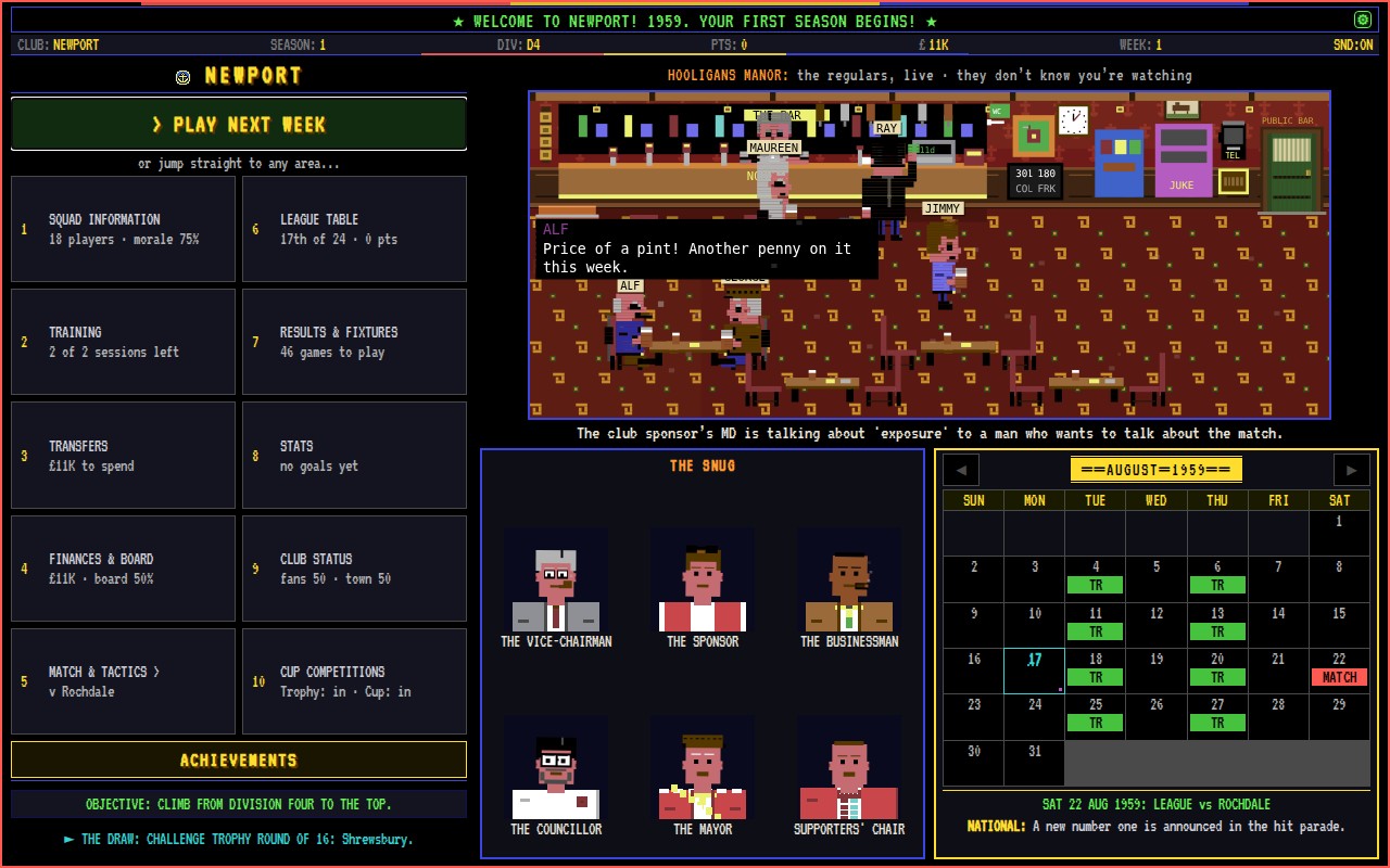 The club hub on the Steam Deck in week one: the ten areas down the left, Hooligans Manor live, the Snug and the fixture calendar below.