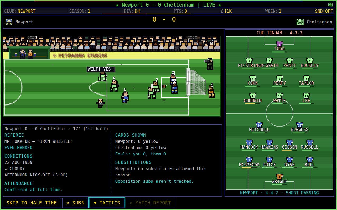 A live match on the Steam Deck: Newport against Cheltenham, the half-pitch view, the referee and conditions below, both formations alongside.