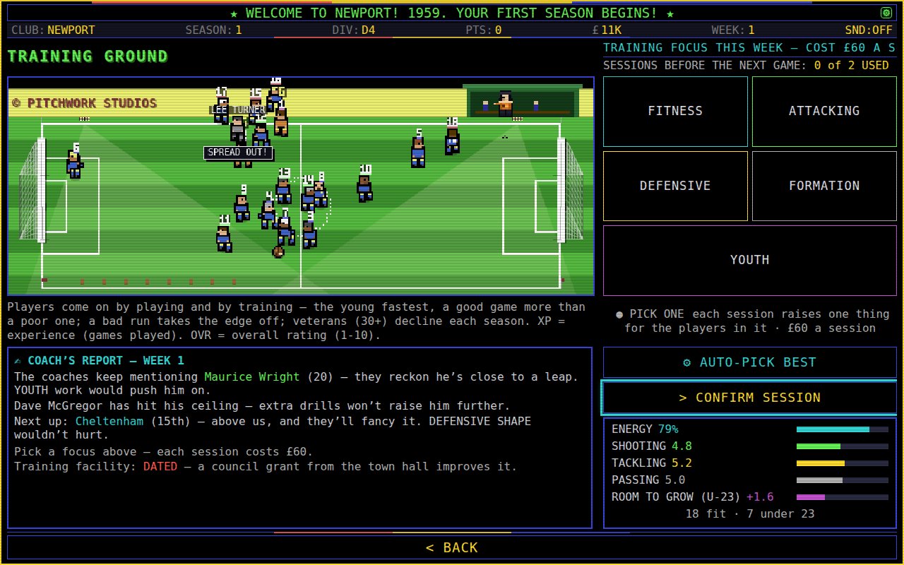The training ground on the Steam Deck: the squad mid-session, the coach's report, and the five training focus choices.