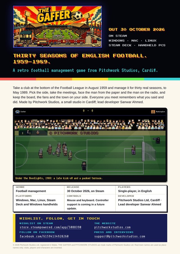 Page one of the press sheet: THE GAFFER logo, the game in a paragraph, a night match under the floodlights, and the links.