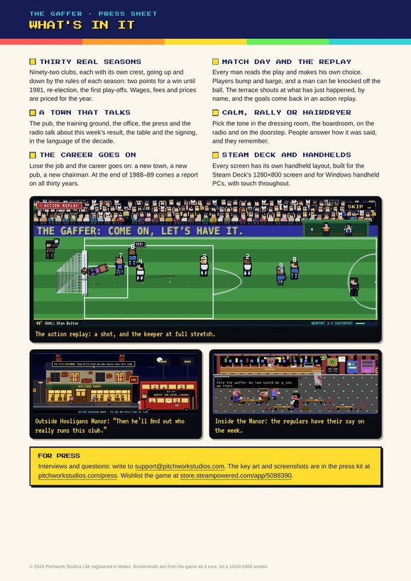Page two of the press sheet: what is in the game, the action replay, and Hooligans Manor outside at night and inside with the regulars.