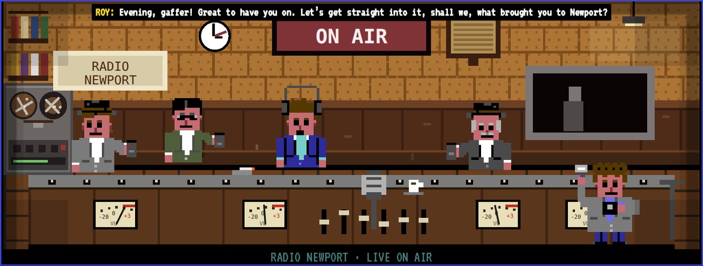The local radio studio in the seventies: Roy at the microphone, the press pack along the desk, the tape machine, the level meters and the ON AIR sign.