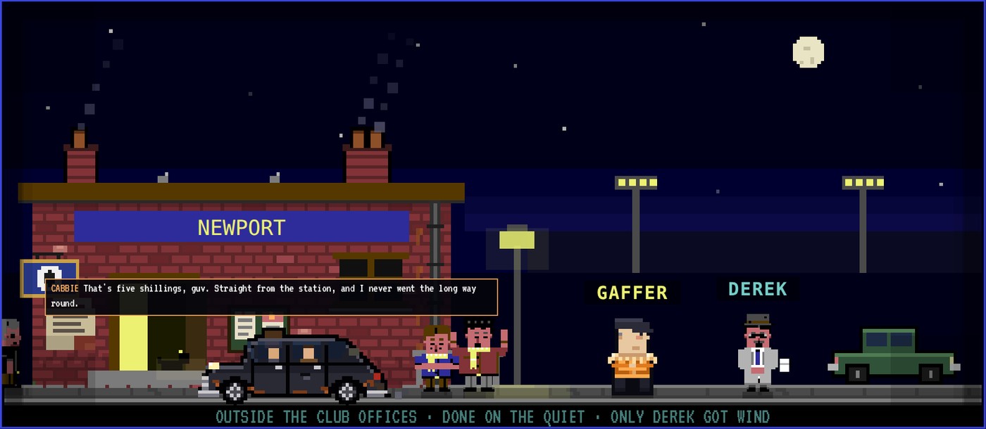 The club offices at night: the black cab with the new signing pulled up at the door, the cabbie asking five shillings for the fare, the gaffer and Derek from the Gazette waiting on the pavement.