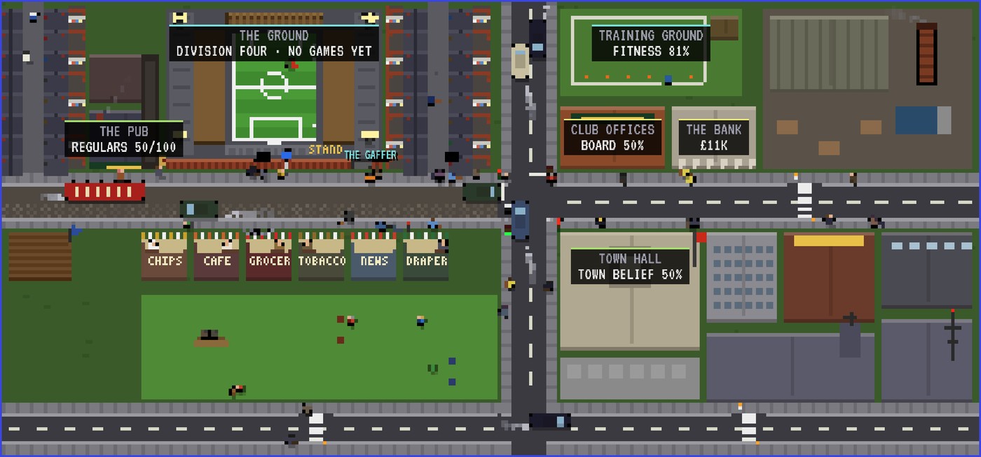 Club status: the town from above, with the ground, the training pitch, the club offices, the bank, Hooligans Manor, the parade of shops and the town hall, each with its figure, and traffic and people in the streets.