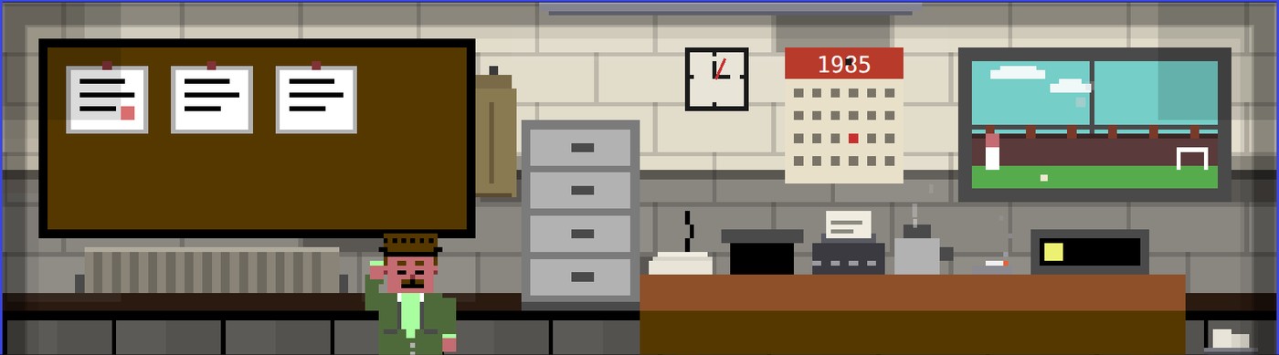 The scout's office in the eighties: the notice board, the filing cabinet, the calendar, the television showing a match, the scout at his desk.